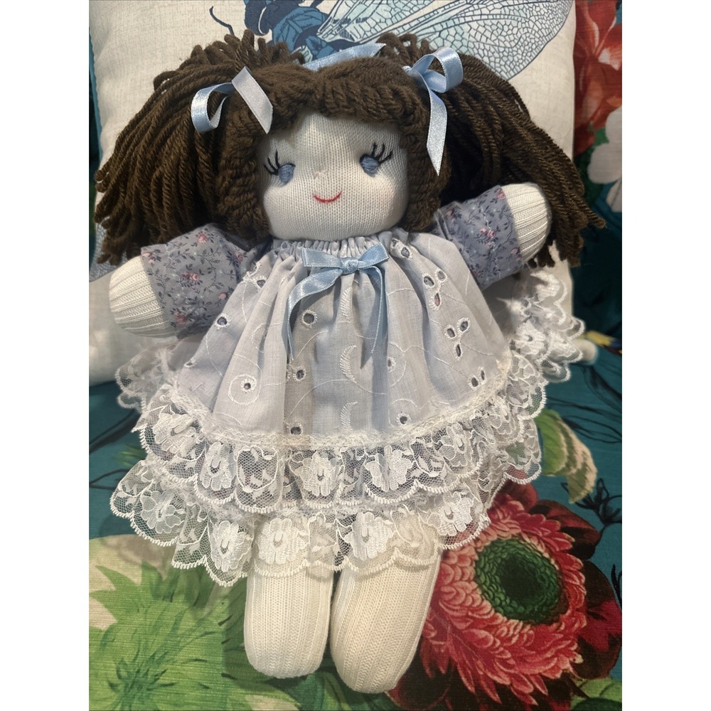Handmade Vintage Rag-Sock Doll with Brown Yarn Hair, Blue Eyes